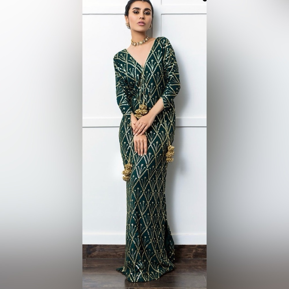 Green and Gold Sequin Embroidered Kaftan Dress